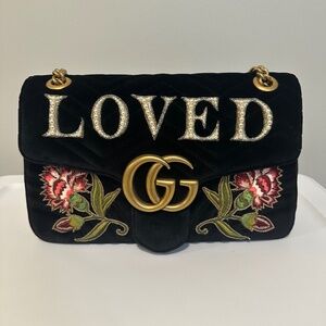 Gucci black velvet pearl loved medium marmont bag